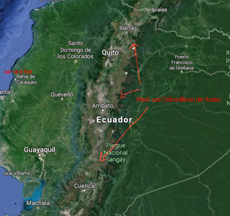 Ecuador wird durch die Anden in zwei Hälften geteilt. Schwierig zu überwindende natürliche Hindernisse.